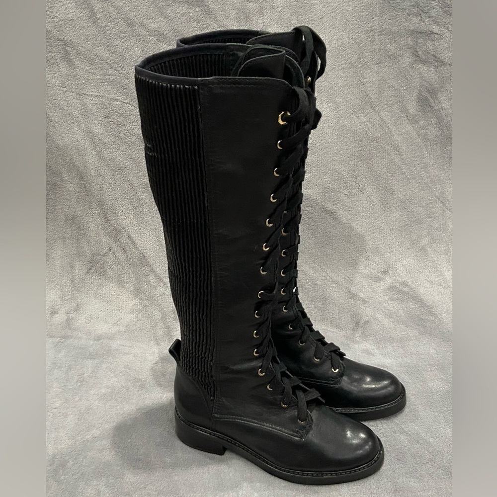 Louise et Cie Voshell Black Leather Tall Lace Up Combat Boots Women's Size 6 New